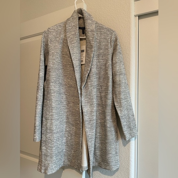 Eileen Fisher Organic Cotton Shawl Collar Cardigan Jacket XS Cream Black Pockets - Picture 1 of 14